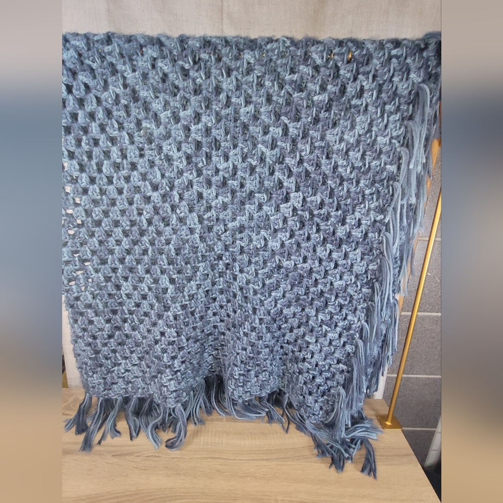 Vintage Crochet Blanket With Fringe Elegant Blue Woven Throw Blanket